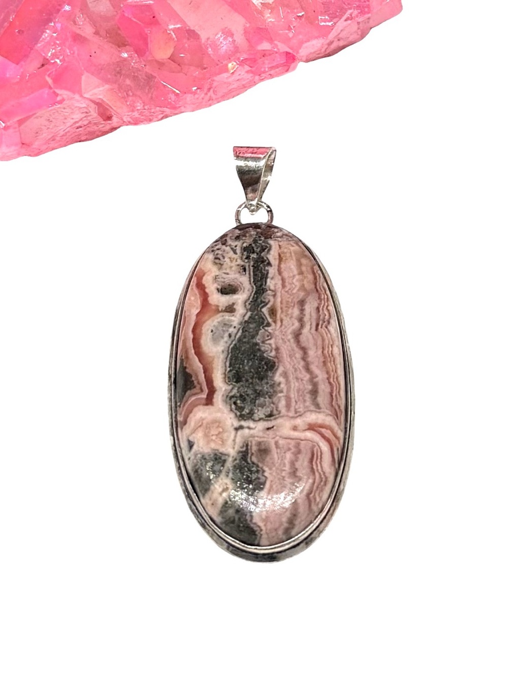 Rhodochrosite Necklace Pendant 925 Sterling Silver Overlay Pink Oval Stone